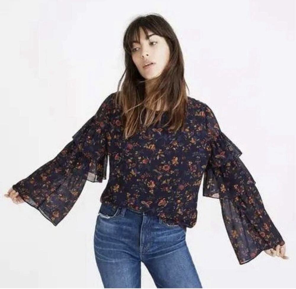 Madewell Navy Floral Tiered Ruffle Long Sleeve Lined Chiffon Blouse Top XS Boho